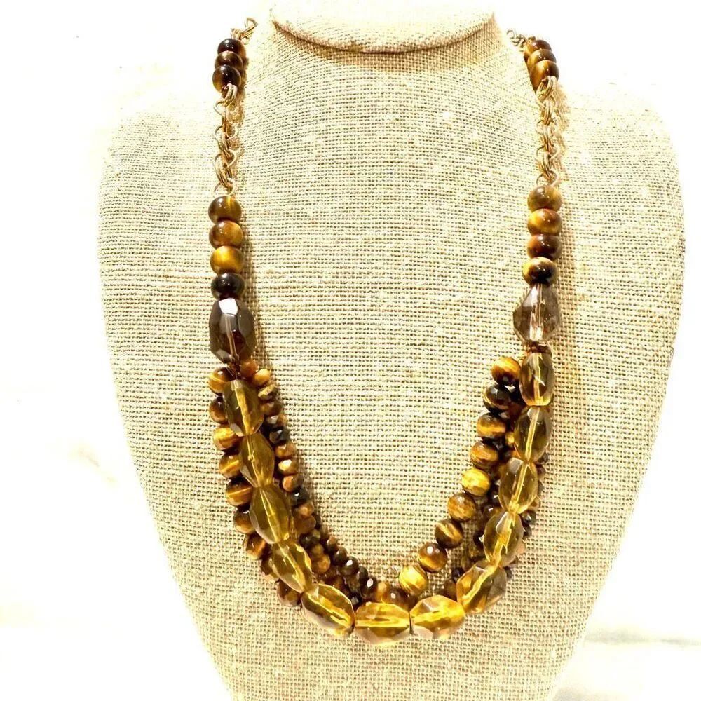 Vtg Anthropologie Tiger’s Eye Smoky Topaz & Citrine Gold-tone Beaded Necklace ad